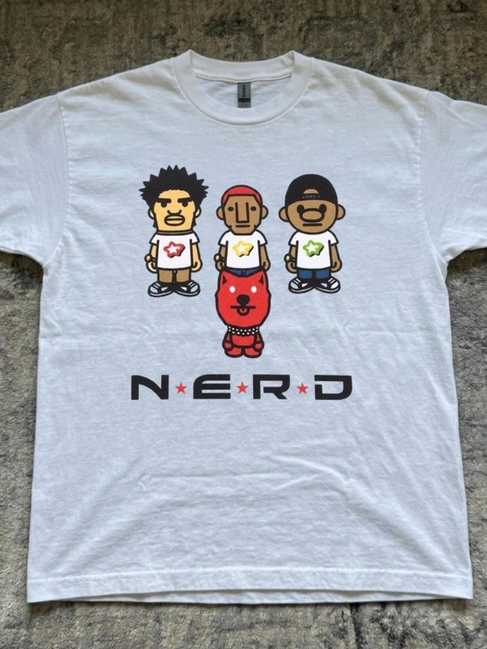 Gildan White Graphic Tee with N.E.R.D Cartoon Characters
